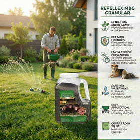 Spreading Repellex granules with a broadcast spreader ensures even distribution across lawns.