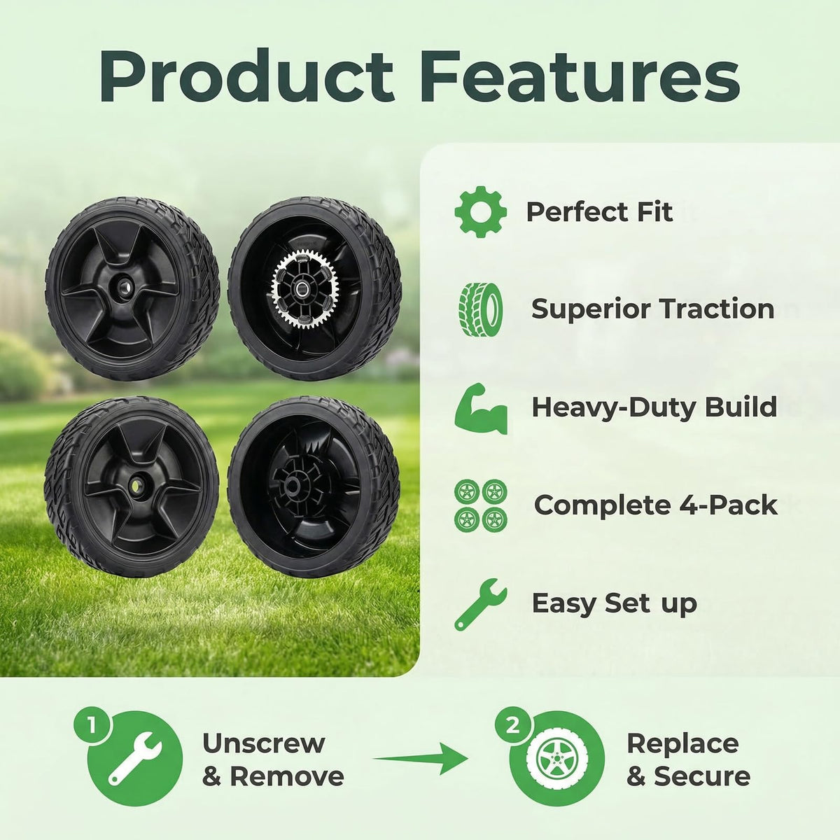 Replizo four-pack wheel kit for HRN216 enables quick mower replacement