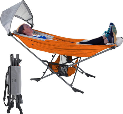 Republic of Durable Goods Mock ONE hammock with orange stand, outdoor setup
