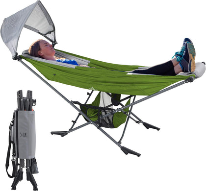Republic of Durable Goods Mock ONE hammock with stand set up in backyard for quick lounging