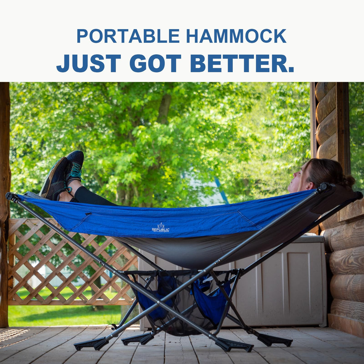Republic of Durable Goods portable hammock with sunshade folded for travel.