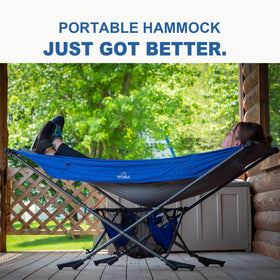 Republic of Durable Goods portable hammock with sunshade folded for travel.
