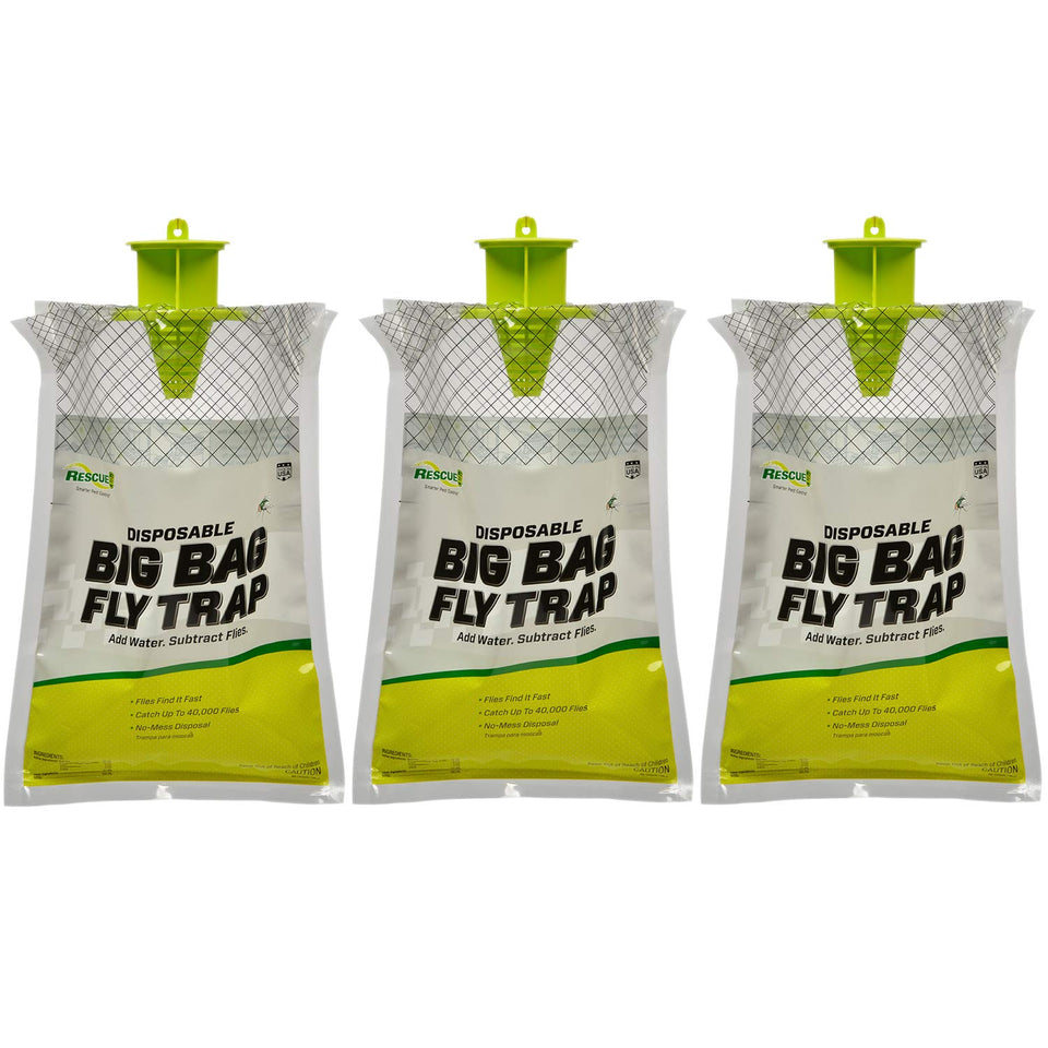 RESCUE! Big Bag Fly Trap exterior hanging setup for outdoor fly control.
