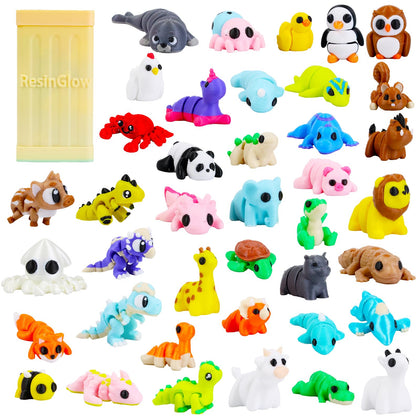 ResinGlow 42pc mini animals set with box for easy display and organization.