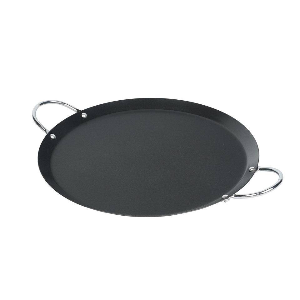 Restaurantware Met Lux round griddle with double handles enables stable on-stovetop cooking