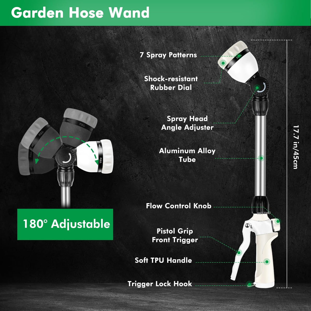Restmo 180-degree ratcheting head enables easy reach into tight spots.