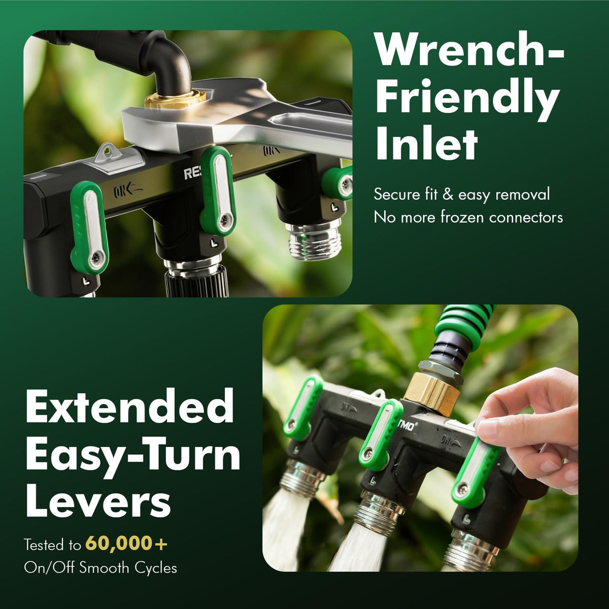 RESTMO 360° Swivel Connector prevents hose kinks.