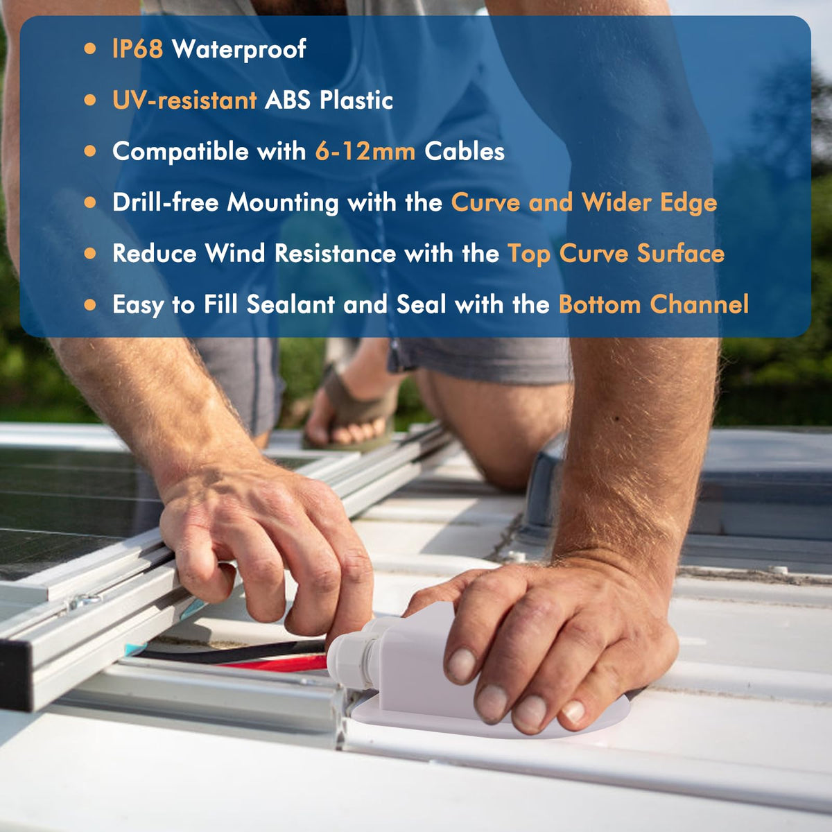 Restmo dual cable entry housing for RV solar panel installations