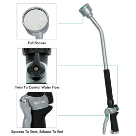 Restmo ergonomic soft-grip handle for comfortable extended watering.