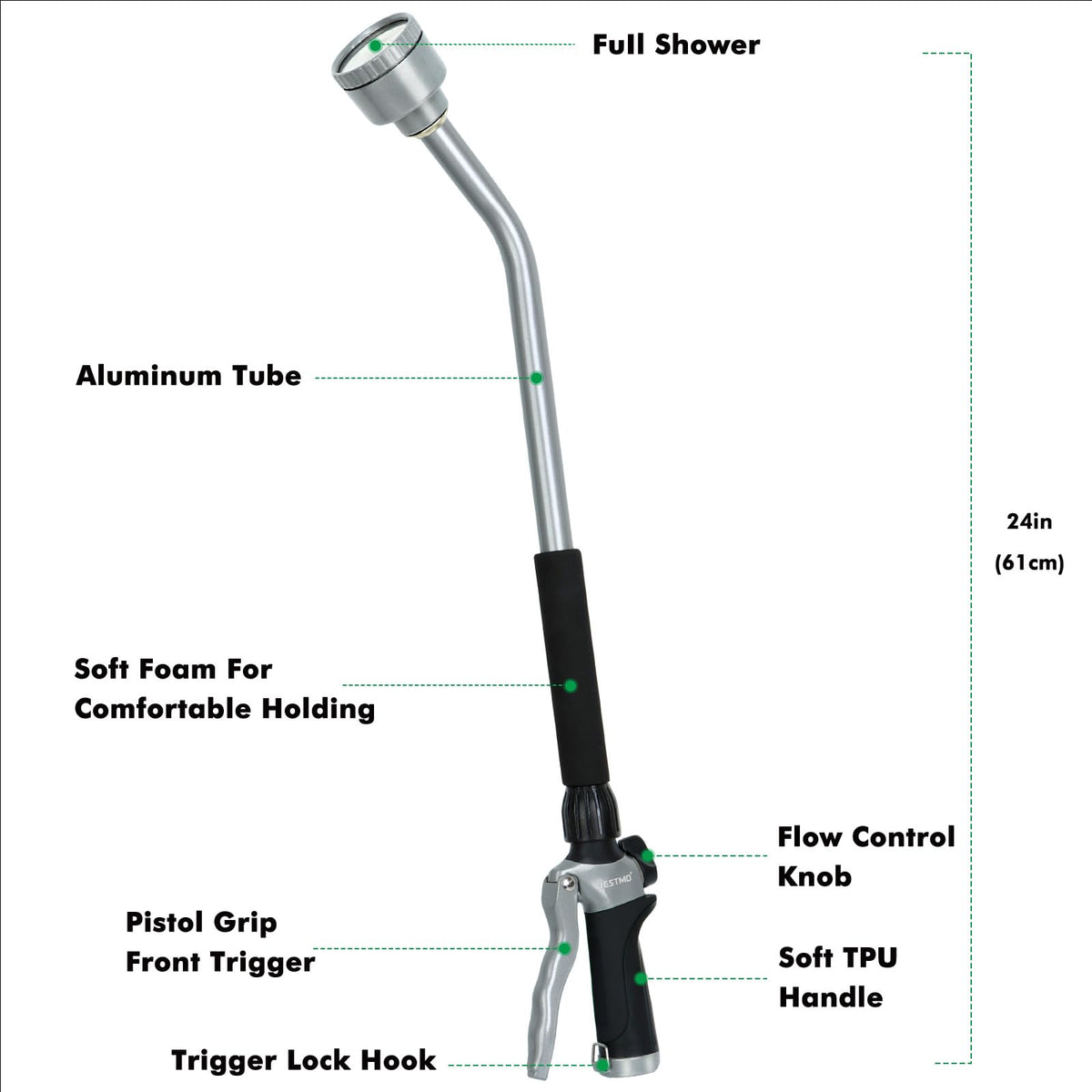 Restmo flow-control knob allows precise adjustment of water pressure during watering.