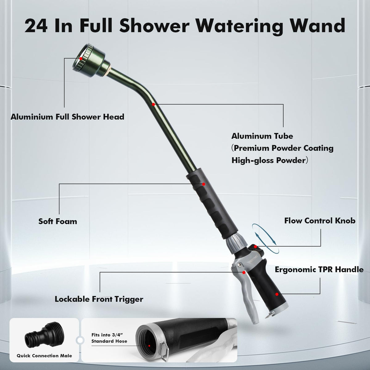 Restmo long watering wand flow-control knob enables precise watering from mist to jet.