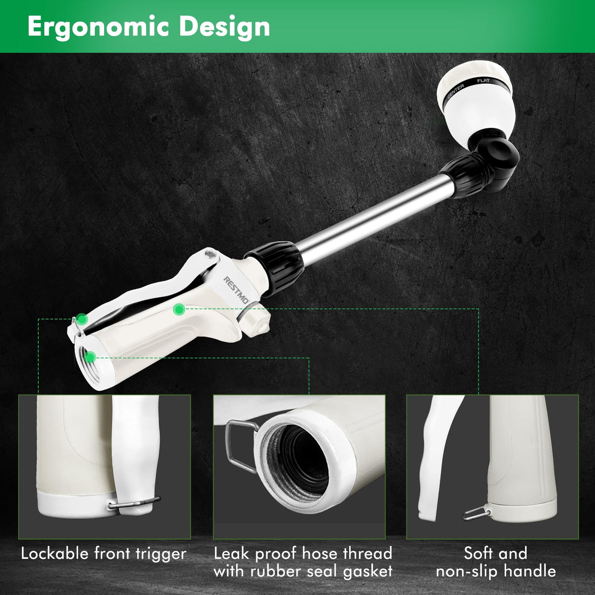 Restmo flow-control knob adjusts pressure for each spray pattern.