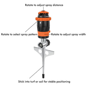Restmo Gear Drive Sprinkler 5-pattern dial for versatile irrigation.