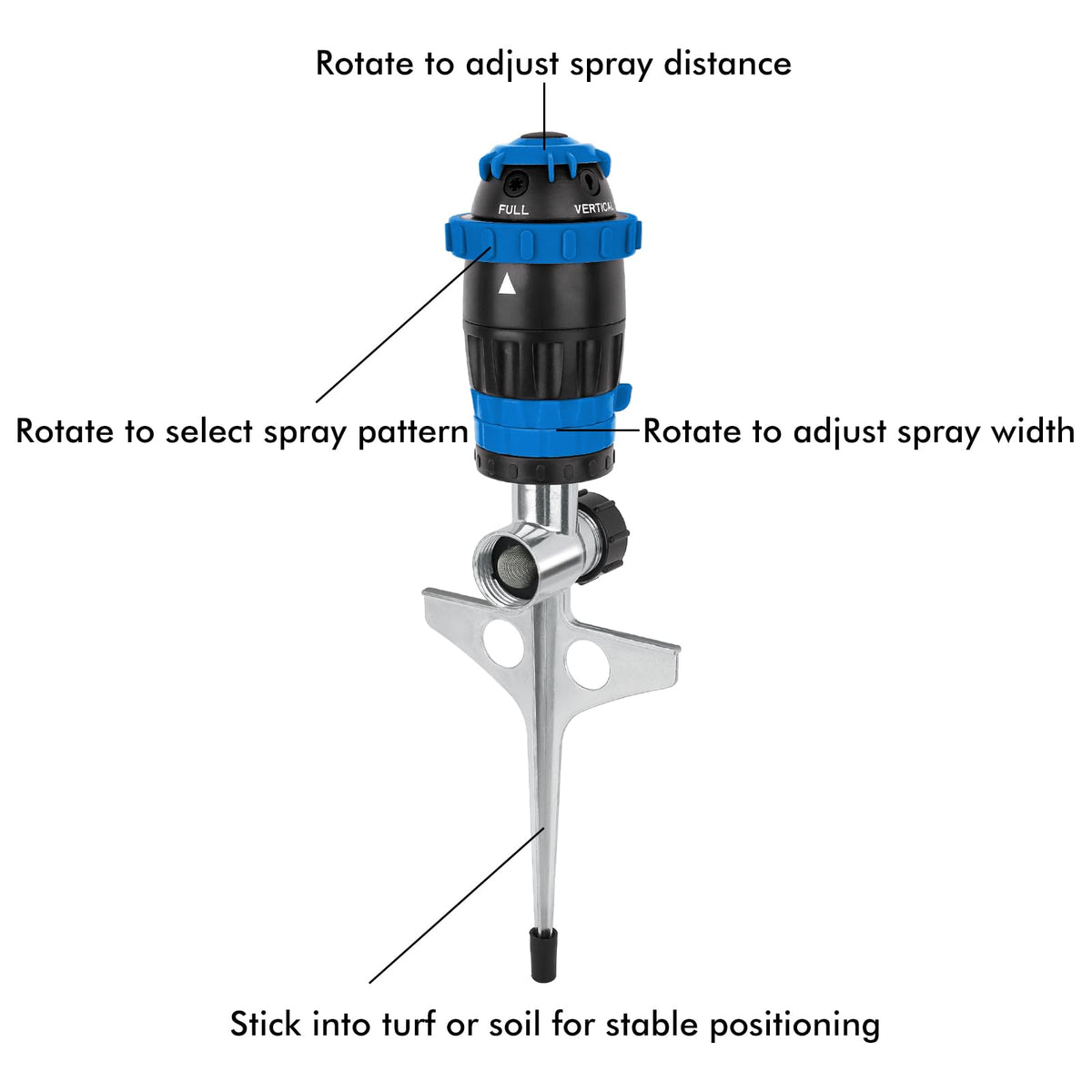 Restmo Gear Drive Sprinkler 5-pattern head enables versatile watering options.
