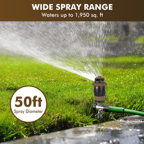 Restmo Gear Drive Sprinkler with cone pattern evenly waters flower beds.