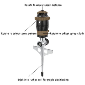 Restmo Gear Drive Sprinkler with flat pattern covers wider areas for lawn edges.