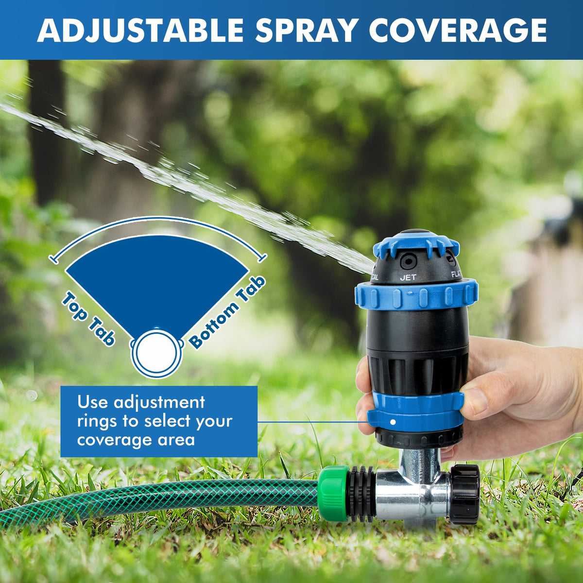 Restmo Gear Drive Sprinkler Flat pattern delivers mid-range coverage.