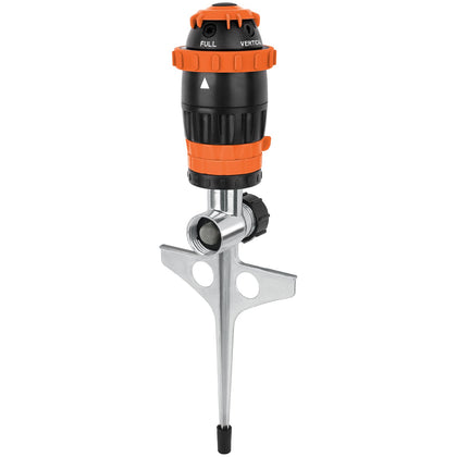 Restmo Gear Drive Sprinkler with metal spike base for stable lawn watering.
