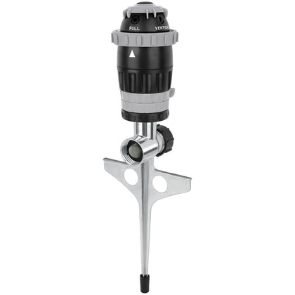 RESTMO Gear Drive Sprinkler with metal spike base—stable ground placement for even coverage.