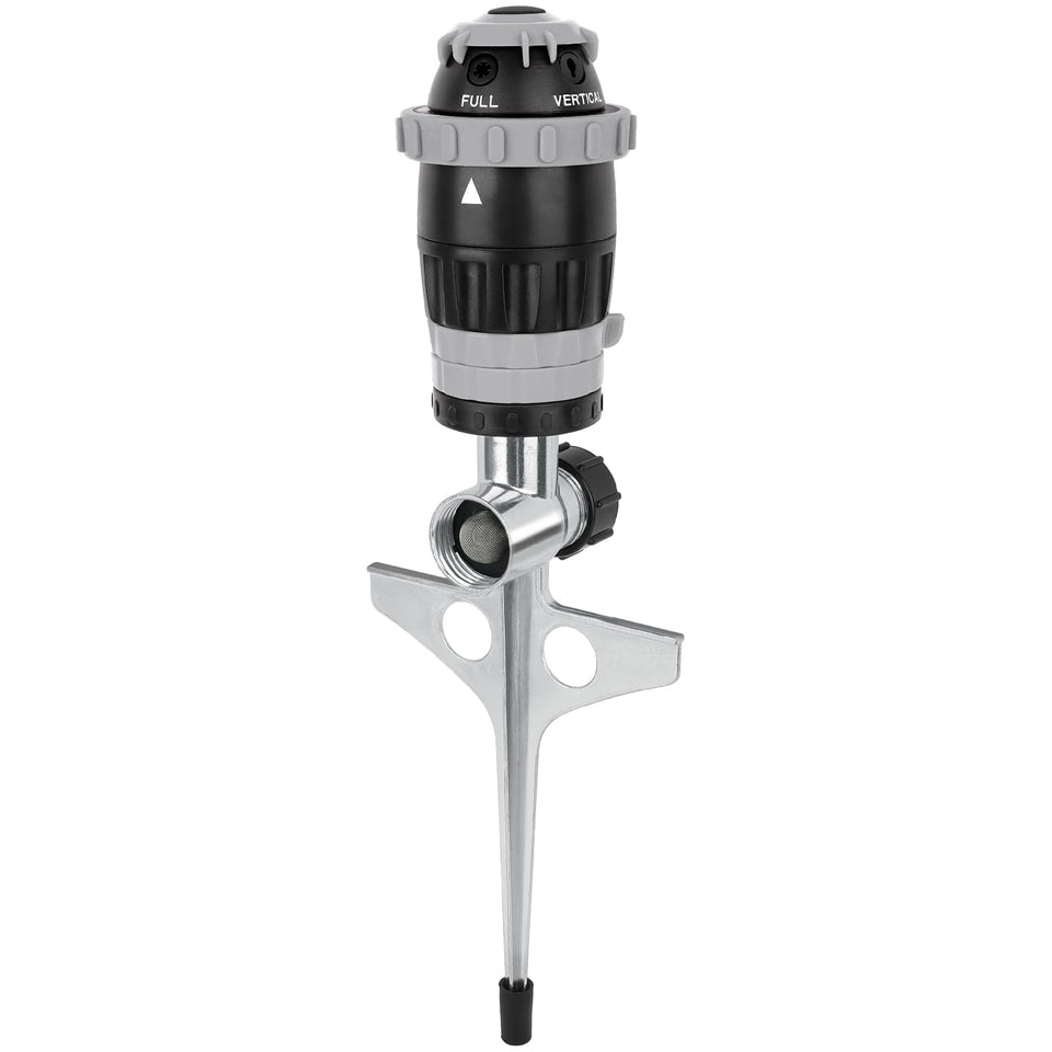 RESTMO Gear Drive Sprinkler with metal spike base—stable ground placement for even coverage.
