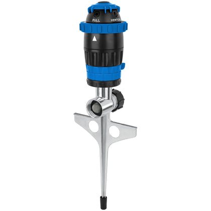 Restmo Gear Drive Sprinkler with metal spike base for stable lawn setup.