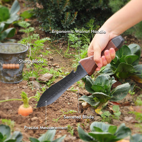 Ergonomic walnut handle on Restmo Hori Hori ensures a secure, comfortable grip.