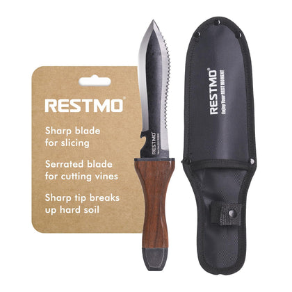 Restmo Hori Hori garden knife with sheath highlights convenient carry and precision use.