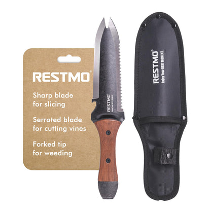 Restmo hori hori knife with sheath shown for easy carry on site.