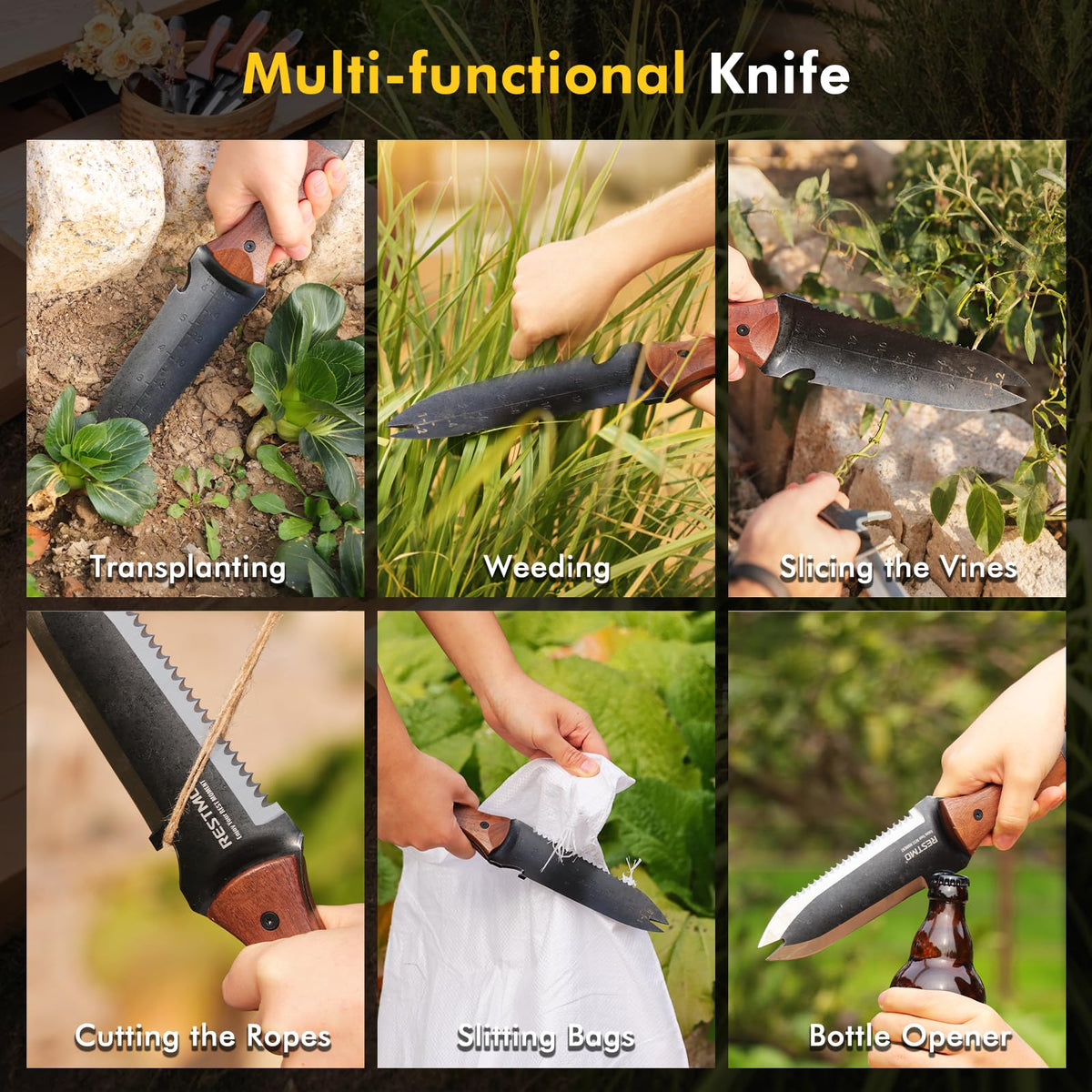Restmo walnut handle delivers ergonomic grip reducing fatigue during use.