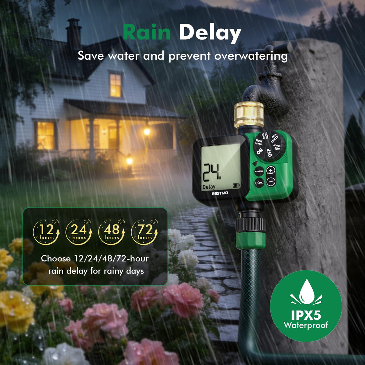 Restmo timer supports up to 11h59m of watering for longer sessions