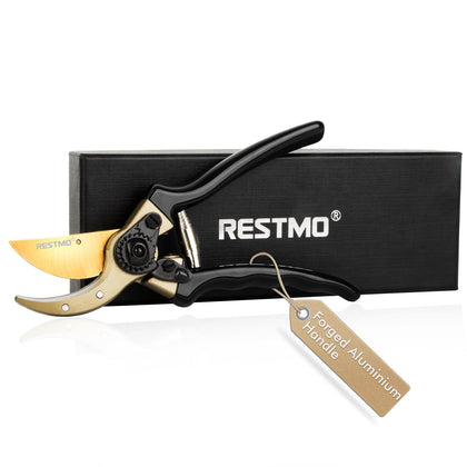 Restmo pruning shears blade close-up shows sharp titanium-coated edge for precise cuts