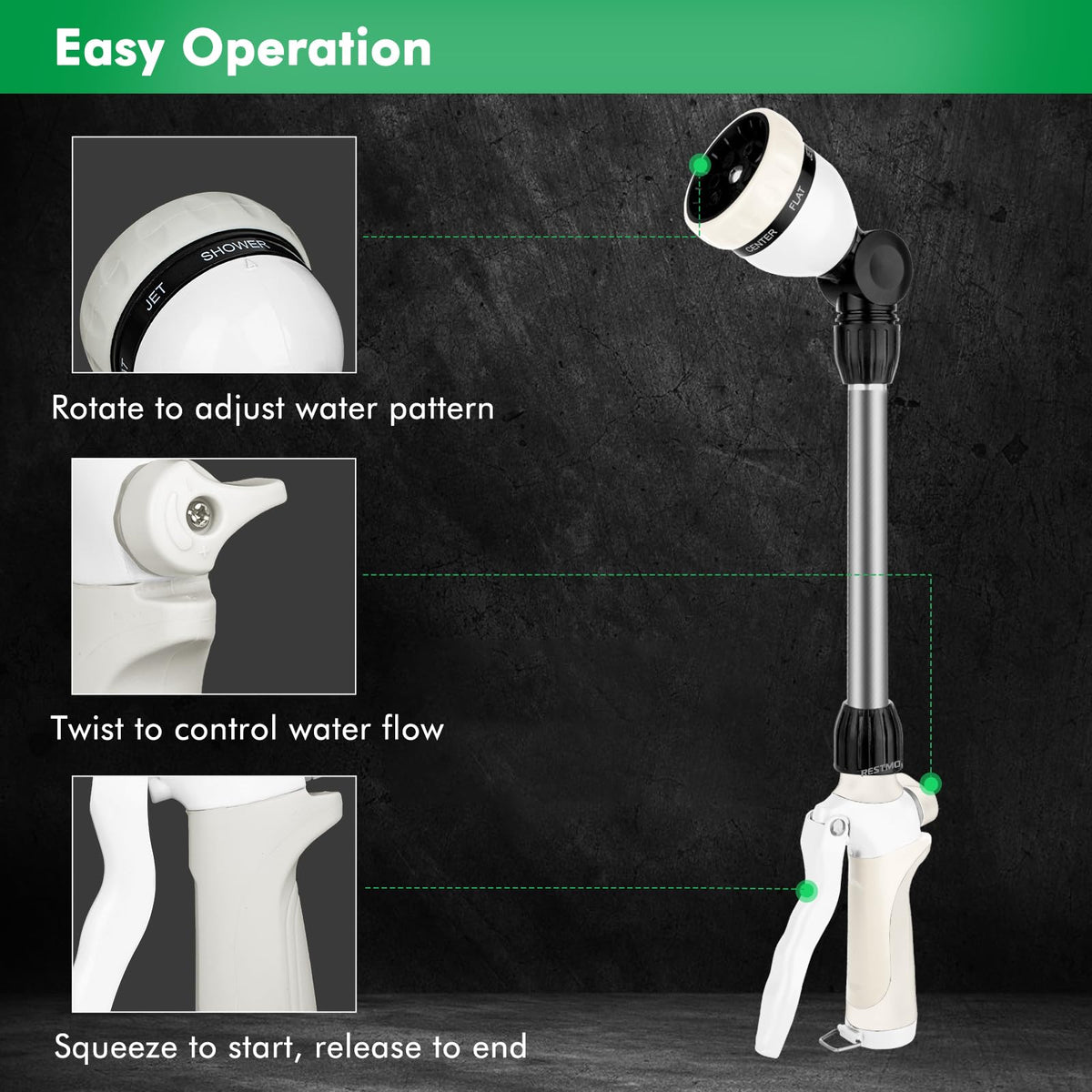 Restmo seven spray patterns dial for versatile watering and cleaning tasks.
