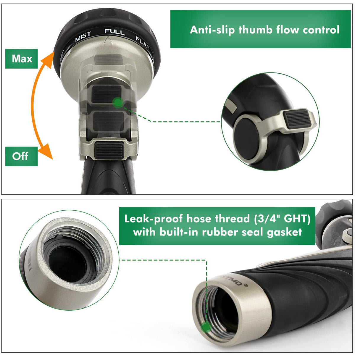 Restmo thumb flow control for easy on/off without hand fatigue