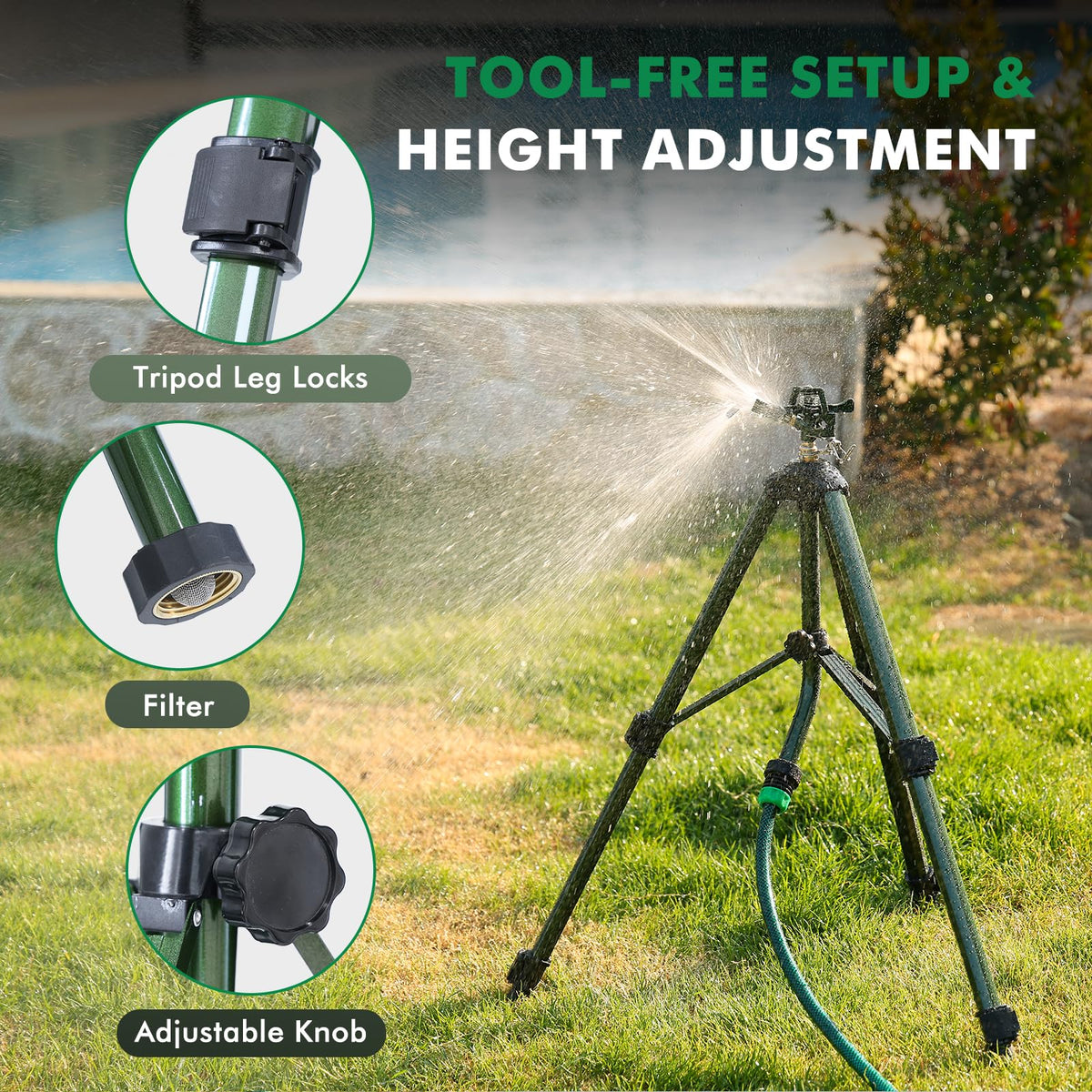 Restmo sprinkler on uneven ground with stable tripod base.