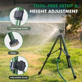 Restmo sprinkler on uneven ground with stable tripod base.