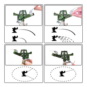 Restmo sprinkler on tripod demonstrates wide-area coverage across a lawn.