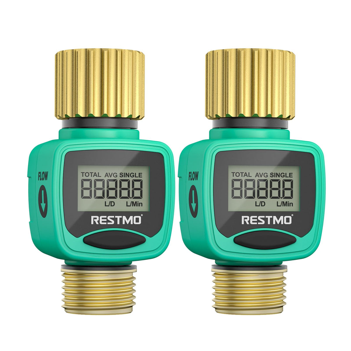 Restmo water flow meter with brass inlet and outlet for outdoor use.