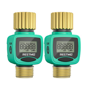 Restmo water flow meter with brass inlet and outlet for outdoor use.