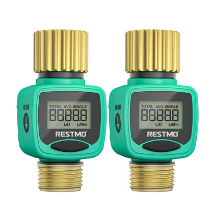 Restmo water flow meter with brass inlet and outlet for outdoor use.