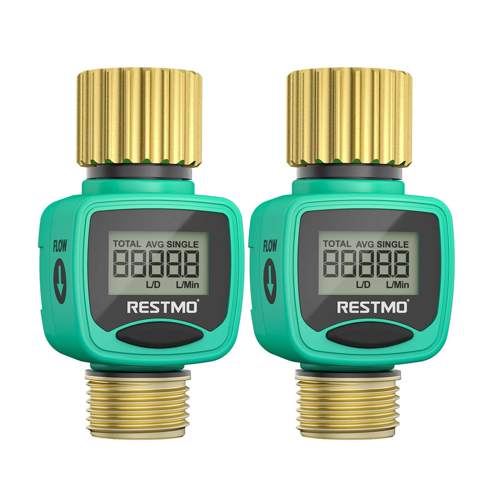 Restmo water flow meter with brass inlet and outlet for outdoor use.