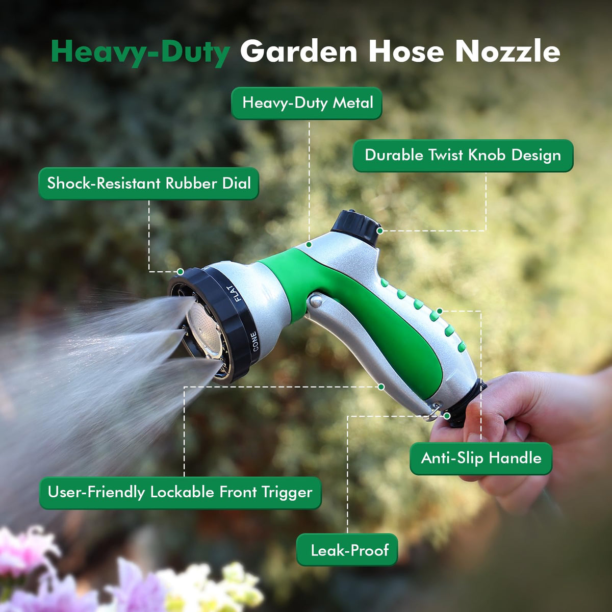 Restmo nozzle features a front trigger lock for fatigue free watering sessions.