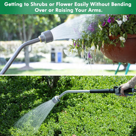 Restmo garden wand in action watering hanging baskets and shrubs.