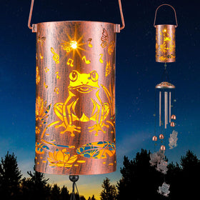 Retisee frog-design solar wind chime with bronze finish glows at night