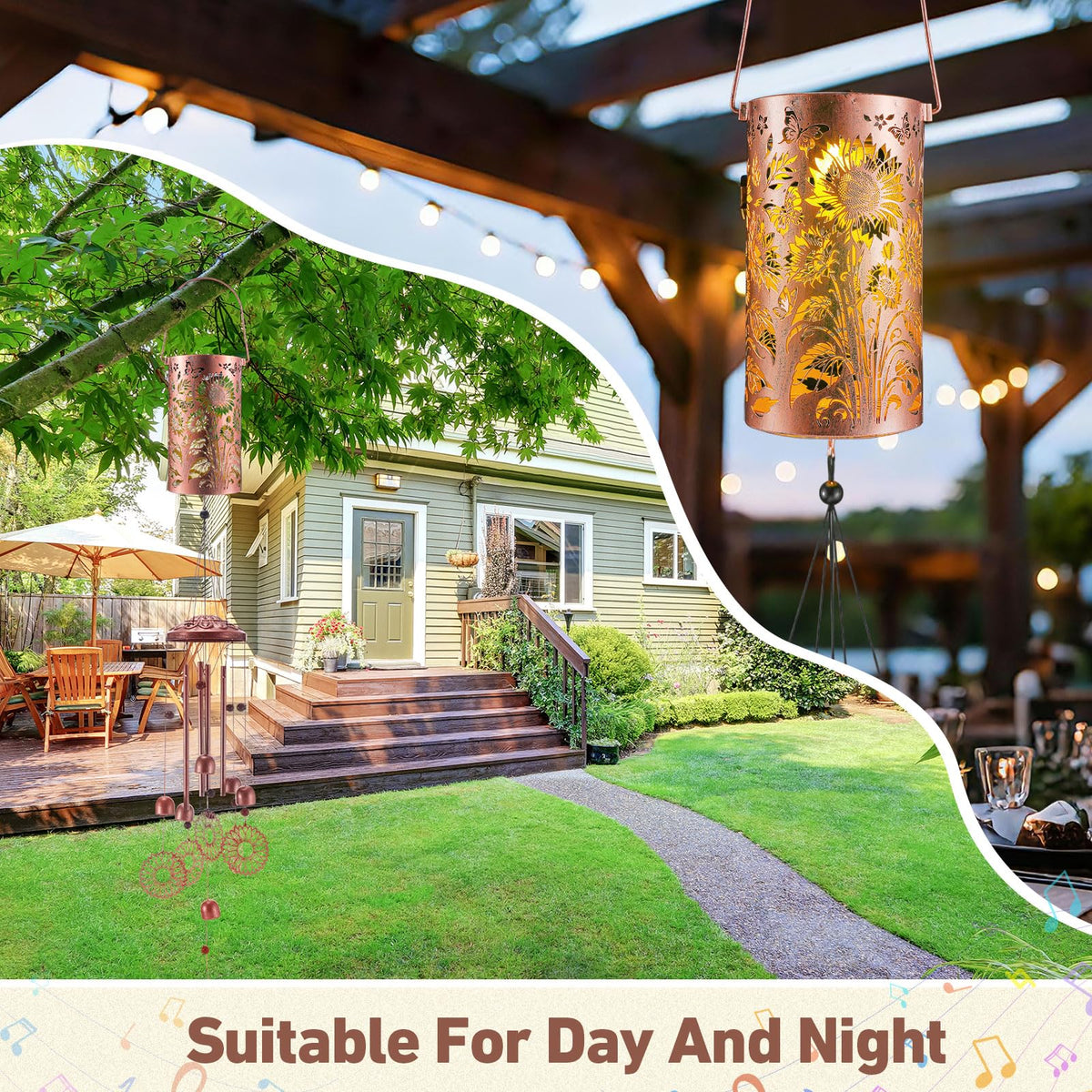 Night-time glow from Retisee sunflower wind chime adds atmosphere.