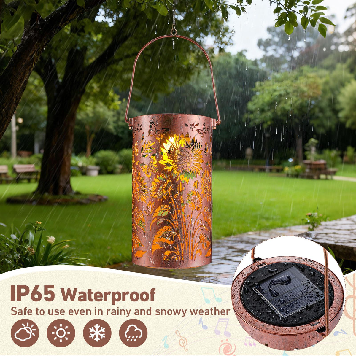 Bronze sunflowers wind chime with solar panel provides easy cord-free lighting.