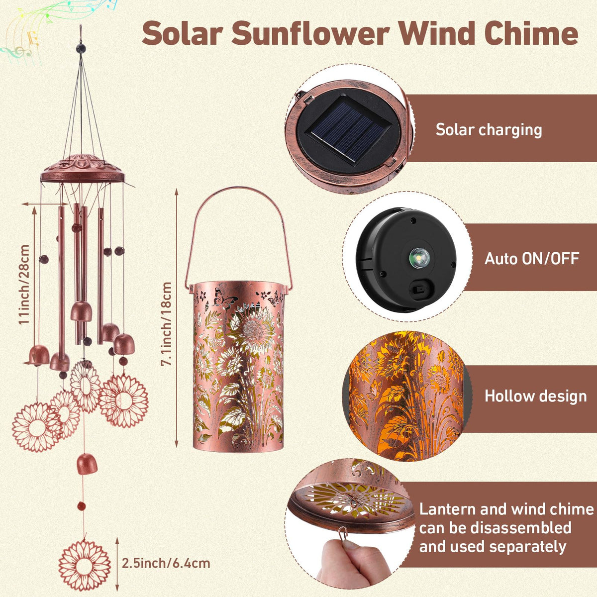 Retisee wind chime for indoor or outdoor display, solar glow at dusk.