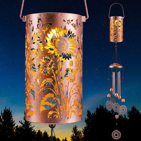 Retisee sunflower solar wind chime outdoors with bronze finish enhances garden ambiance.