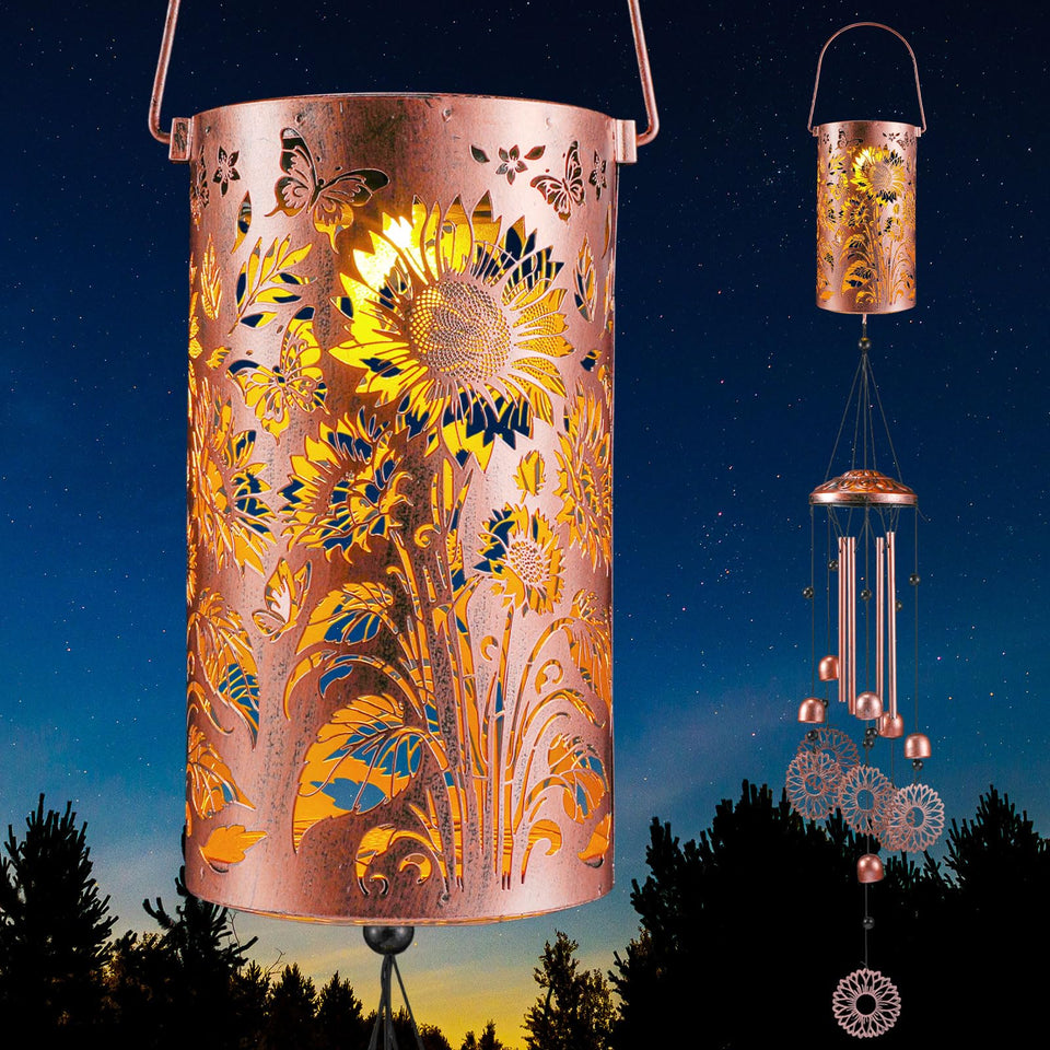 Retisee sunflower solar wind chime outdoors with bronze finish enhances garden ambiance.