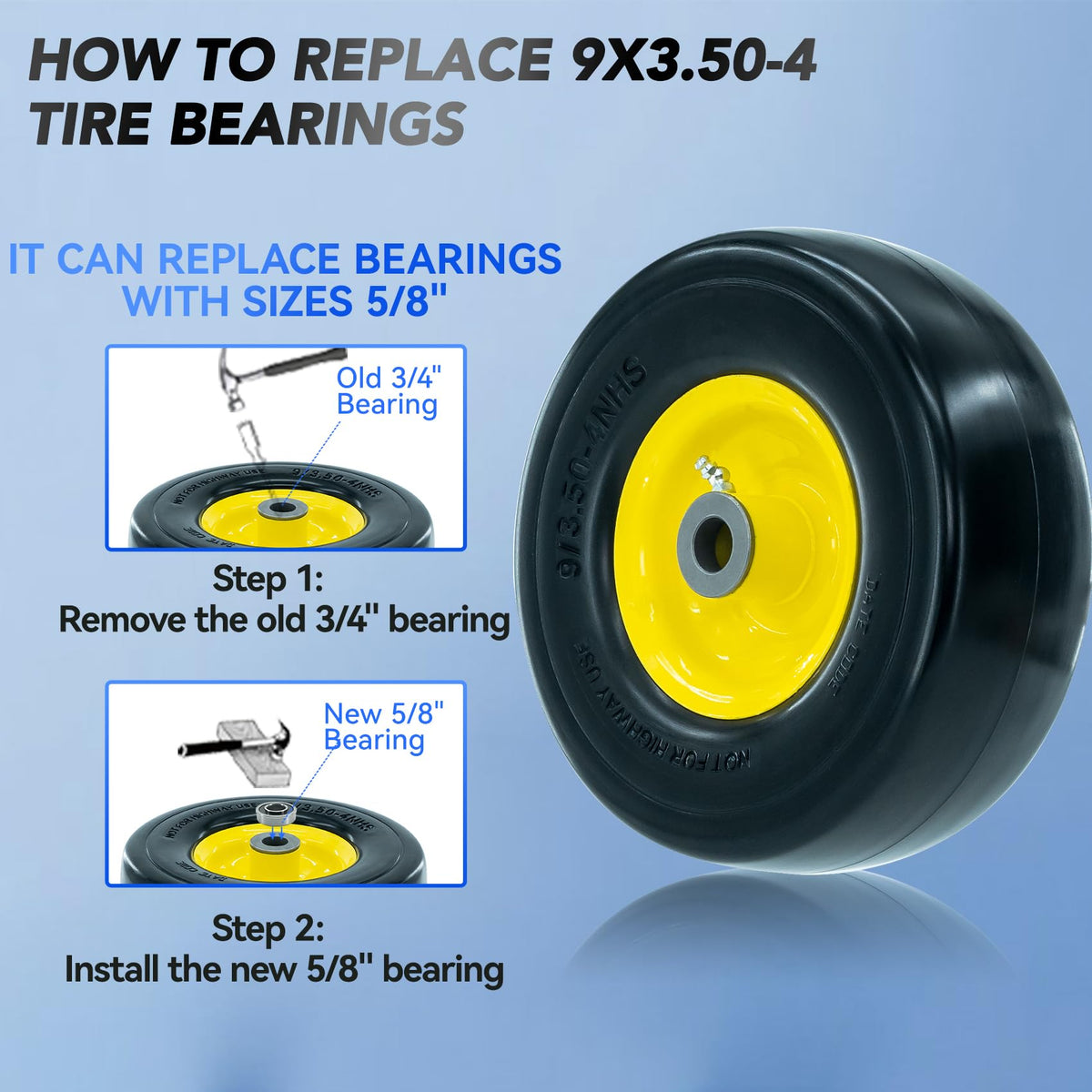 RETOTLA 9in tire axle bore compatibility image shows fit for 3/4 and 5/8 hubs