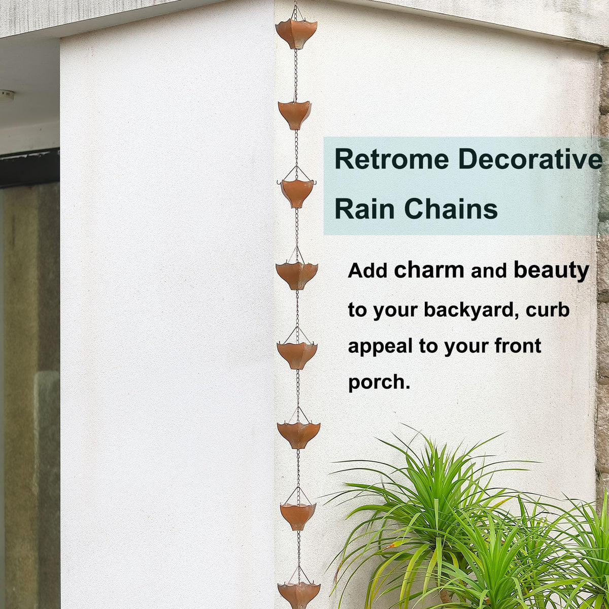 Retrome garden gift-ready rain chain adds curb appeal for gardening enthusiasts.